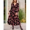 imageCUPSHE Womens Maxi Dresses V Neck Casual Floral Long Sleeve Fall Outfit Smocked Pockets Flowy Garden Party DressBlack Floral