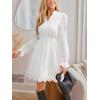 imageCUPSHE Womens Mini Dresses V Neck Long Sleeve Ruffled Hollow Out Lace Casual Fall Outfit Party Short Weddding Guest DressWhite