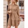 imageCUPSHE Womens Mini Fall Dresses Knit Casual Long Sleeve Crew Neck Flowy Tiered Ruffled Short Sweater DressCamel