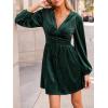 imageCUPSHE Womens Mini Party Dresses V Neck Button Long Sleeve Smocked Tunic Waist Casual Short Flowy Fall Cocktail DressGreen