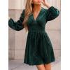 imageCUPSHE Womens Mini Party Dresses V Neck Button Long Sleeve Smocked Tunic Waist Casual Short Flowy Fall Cocktail DressGreen