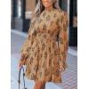 imageCUPSHE Womens Mock Neck Floral Mini Fall Dress Long Ruffle Sleeve Elastic Waist Smocked Casual Flowying Mini DressesBurnt Almond