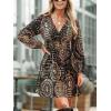 imageCUPSHE Womens Paisley Printed Fall Mini Dress V Neck Long Sleeve Smocked Waist Flowy Ruffled Vacation DressssBlack