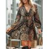 imageCUPSHE Womens Paisley Printed Fall Mini Dress V Neck Long Sleeve Smocked Waist Flowy Ruffled Vacation DressssBlack