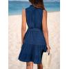 imageCUPSHE Womens Summer Mini Dress Tie Waist Belted Sleeveless Ruffled Round Neck A Line Swing Short DressNavy Blue