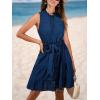 imageCUPSHE Womens Summer Mini Dress Tie Waist Belted Sleeveless Ruffled Round Neck A Line Swing Short DressNavy Blue