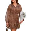 imageCUPSHE Women Fall Dresses Double Layer Glitter V Neck Ruffle Floral Puff Long Sleeve Elastic Waist Mini DressBrown