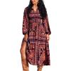 imageCUPSHE Women Fall Dresses Floral Long Sleeve V Neck Casual A Line Long Flowy Boho Smocked Maxi DressBlack
