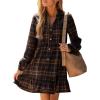 imageCUPSHE Women Fall Dresses Plaid Ruffle Hem V Neck Long Sleeve Button Holiday Tunic Mini DressNavy