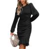 imageCUPSHE Women Fall Dresses Ruffle Hem Knit Ruched Crew Neck Long Sleeve Bodycon Cocktail Mini DressBlack