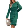 imageCUPSHE Women Fall Dresses Ruffle Hem Knit Ruched Crew Neck Long Sleeve Bodycon Cocktail Mini DressGreen