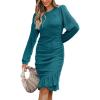 imageCUPSHE Women Fall Dresses Ruffle Hem Knit Ruched Crew Neck Long Sleeve Bodycon Cocktail Mini DressTeal