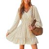 imageCUPSHE Women Geo V Neck Fall Dress Sleeveless Smocked Waist A Line Long Sleeve Button Casual Sundress Mini DressBrown