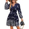 imageCUPSHE Womens Fall Dresses V Neck Long Sleeve Floral Print Belted Tie Front Casual A Line Mini DressNavy