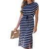 imageCUPSHE Womens Knit Striped Casual Summer Dress Drawstring Waist Midi Dresses Short Sleeve Round Neckline SundressNavy Blue