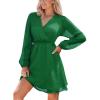 imageCUPSHE Womens Long Peasant Sleeve V Neck Fall Mini Dress Casual Elastic High Waist Chiffon Flowy A Line DressesDark Green
