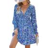 imageCUPSHE Womens Mini Dress Smocked V Neck Long Sleeve Empire Waist Casual A Line DressBlue Abstract