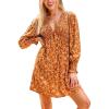 imageCUPSHE Womens Mini Dress Smocked V Neck Long Sleeve Empire Waist Casual A Line DressBurnt Orange