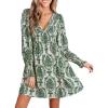 imageCUPSHE Womens Mini Dress Smocked V Neck Long Sleeve Empire Waist Casual A Line DressGreen Paisley