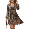 imageCUPSHE Womens Paisley Printed Fall Mini Dress V Neck Long Sleeve Smocked Waist Flowy Ruffled Vacation DressssBlack
