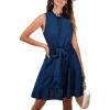 imageCUPSHE Womens Summer Mini Dress Tie Waist Belted Sleeveless Ruffled Round Neck A Line Swing Short DressNavy Blue