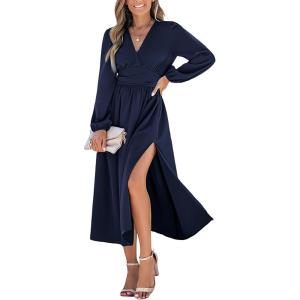 imageCUPSHE Fall Dresses for Women V Neck Long Sleeve Tunic Waist Slit Solid Color A Line Midi Casual DressNavy Blue