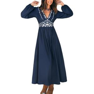 imageCUPSHE Fall Dresses for Women V Neck Long Sleeve Tunic Waist Slit Solid Color A Line Midi Casual DressNavy Paisley