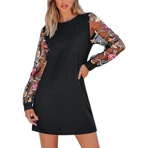 imageCUPSHE Mini Dresses for Women Round Neck Sheer Long Sleeve Floral Knit A Line Fall Casual DressBlack