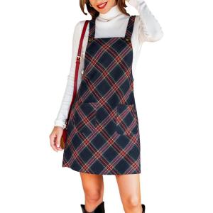 imageCUPSHE Women Corduroy Fall Dresses Front Bib Pocket Square Neck Wide Strap Casual Overall Mini DressRed Plaid