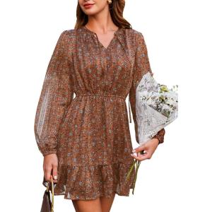 imageCUPSHE Women Fall Dresses Double Layer Glitter V Neck Ruffle Floral Puff Long Sleeve Elastic Waist Mini DressBrown