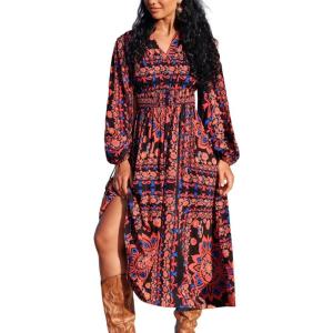 imageCUPSHE Women Fall Dresses Floral Long Sleeve V Neck Casual A Line Long Flowy Boho Smocked Maxi DressBlack