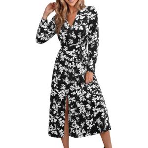 imageCUPSHE Women Fall Dresses Floral V Neck Tie Front Long Sleeve Flowy Casual Wrap Maxi DressBlack