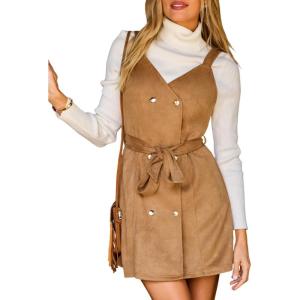imageCUPSHE Women Fall Overall Dresses Faux Suede V Neck Button Down Belted Tie Pinafore Mini DressBrown