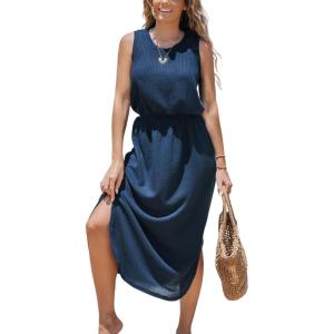 imageCUPSHE Women Knit Summer Dress Cover Up Crew Neck Elastic Waist Side Slit Midi Casual Sundress Beach Cover Up DressesNavy Blue