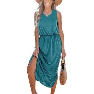 imageCUPSHE Women Knit Summer Dress Cover Up Crew Neck Elastic Waist Side Slit Midi Casual Sundress Beach Cover Up DressesTeal