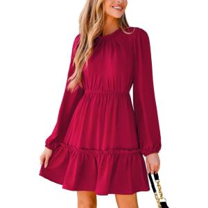 imageCUPSHE Women Ruffle Fall Dresses Long Bubble Sleeve Crewneck Smocked Waist Holiday Party Winter Mini DressLight Red