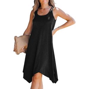 imageCUPSHE Womens Casual Cami Dress Scoop Neck Sleeveless Flowy Midi Dresses Handkerchief Hem with Cutout StrapsBlack