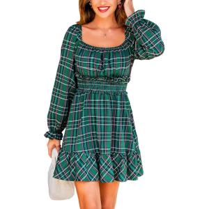 imageCUPSHE Womens Fall Dresses Long Sleeves Scoop Neck Casual Outfits Plaid Smocked A Line Work Ruffled Flowy Mini Party DressGreen Plaid