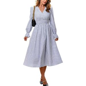 imageCUPSHE Womens Fall Dresses Striped V Neck Long Sleeve Elastic Somked Swing Maxi DressBlue
