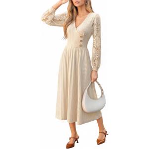 imageCUPSHE Womens Fall Long Lace Sleeve Knit Maxi Dress Wrap V Neck Button Flare A Line Ribbed Sweater Long DressesBeige