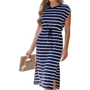 imageCUPSHE Womens Knit Striped Casual Summer Dress Drawstring Waist Midi Dresses Short Sleeve Round Neckline SundressNavy Blue