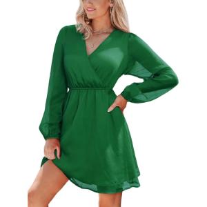 imageCUPSHE Womens Long Peasant Sleeve V Neck Fall Mini Dress Casual Elastic High Waist Chiffon Flowy A Line DressesDark Green