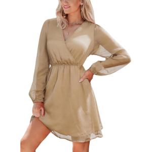 imageCUPSHE Womens Long Peasant Sleeve V Neck Fall Mini Dress Casual Elastic High Waist Chiffon Flowy A Line DressesKhaki