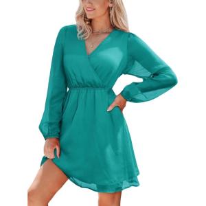 imageCUPSHE Womens Long Peasant Sleeve V Neck Fall Mini Dress Casual Elastic High Waist Chiffon Flowy A Line DressesLight Green