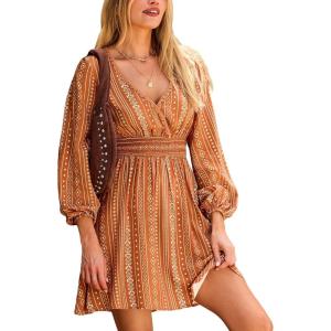 imageCUPSHE Womens Long Sleeve Elastic High Waist A Line Mini Fall Dresses Casual Deep V Neck Boho Stripes Short DressOrange Floral