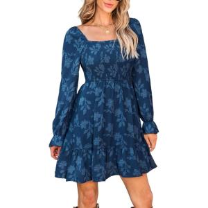 imageCUPSHE Womens Long Sleeve Fall Mini Dress Floral Square Neck Smocked Flowy A Line Ruffle DressNavy Blue