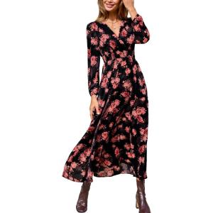 imageCUPSHE Womens Maxi Dresses V Neck Casual Floral Long Sleeve Fall Outfit Smocked Pockets Flowy Garden Party DressBlack Floral