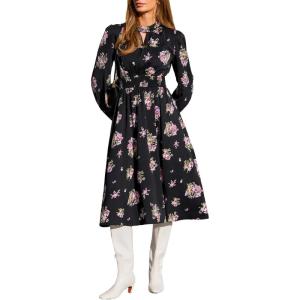 imageCUPSHE Womens Midi Fall Dresses Fashion High Neck Floral Long Sleeve Smocked Casual A Line Flowy Long Wedding Guest DressBlack Floral