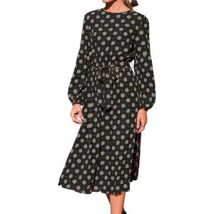 imageCUPSHE Womens Midi Fall Dresses Fashion Round Neck Floral Long Sleeve Belted Casual A Line Flowy Long Wedding Guest DressBlack Floral