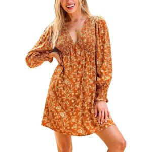 imageCUPSHE Womens Mini Dress Smocked V Neck Long Sleeve Empire Waist Casual A Line DressBurnt Orange